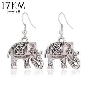 17KM Unique Tibetan Hollow Carved Elephant Drop Earring Fashion Vintage Silver Color Dangle Earrings For Women Party Jewelry