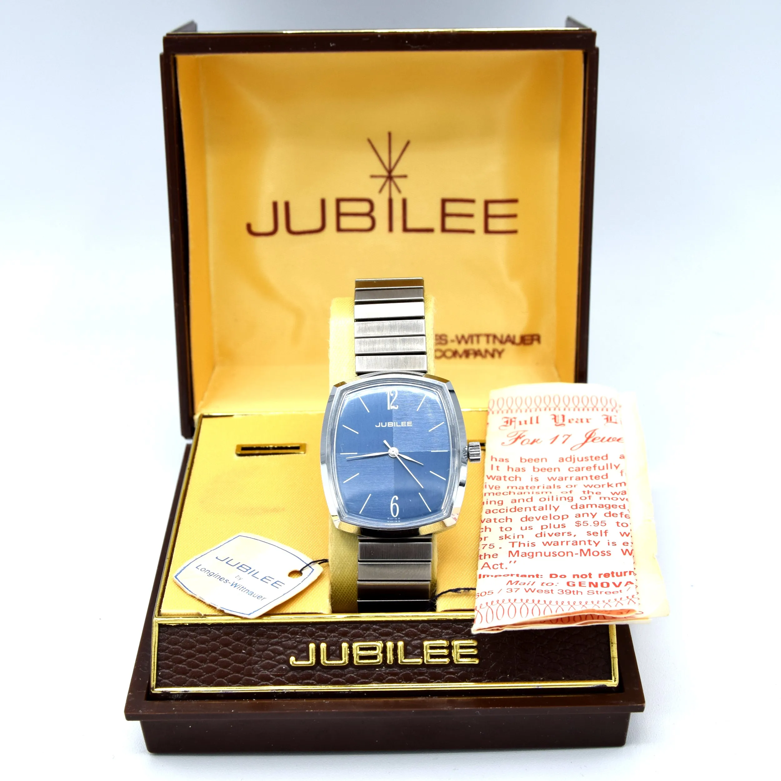 1970s Retro NOS Jubilee Swiss Wristwatch with Box, papers and swing-tag Unused Longines-witthauer
