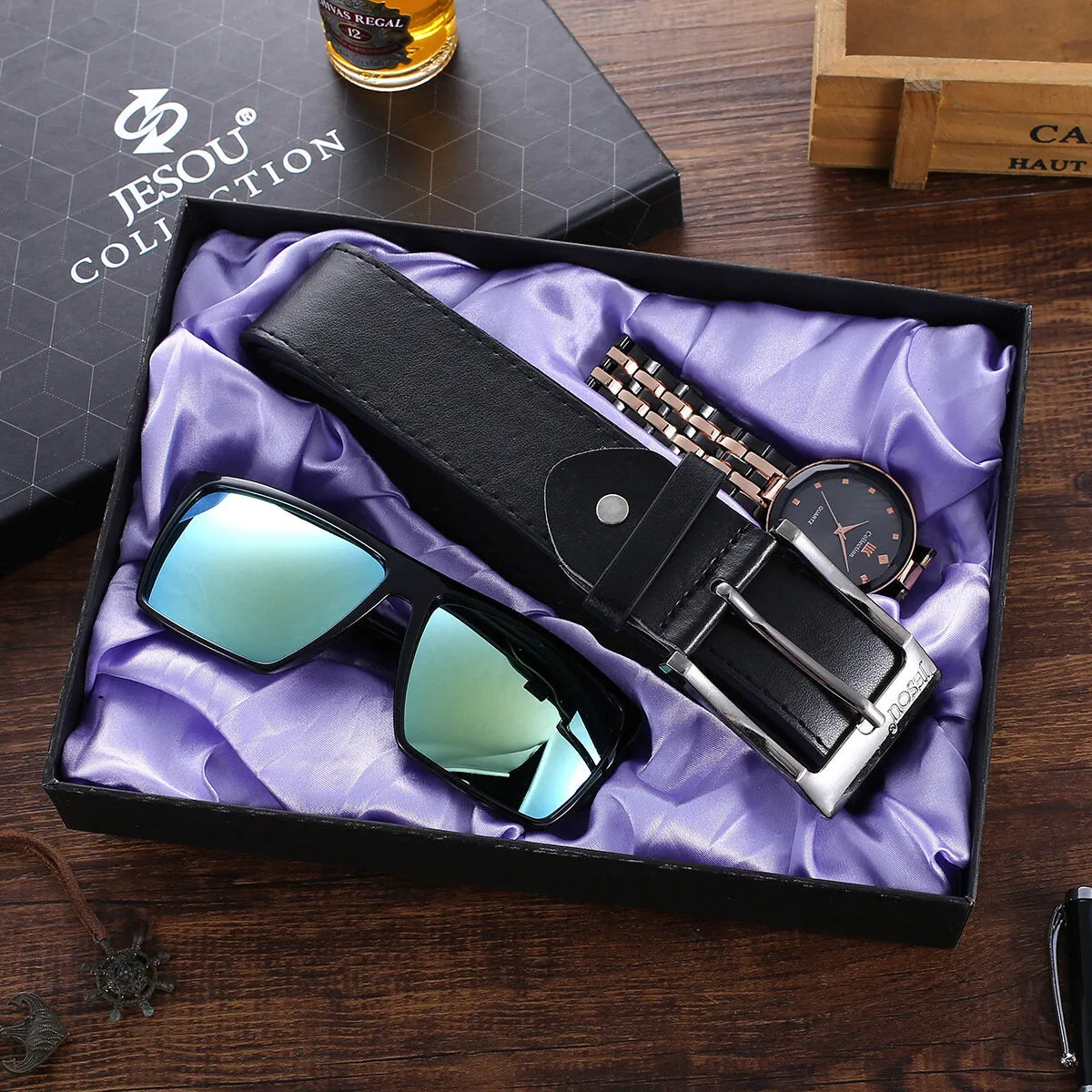3 Pcs Men Watch Set Quartz Watch Belt Sunglasses Father's Day Gift Thanksgiving Christmas Gift