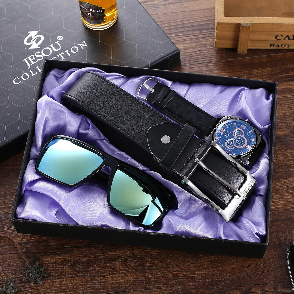 3 Pcs Men Watch Set Quartz Watch Belt Sunglasses Father's Day Gift Thanksgiving Christmas Gift