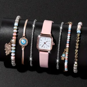 7Pcs Elegant Square Quartz Watch With Bracelet Set