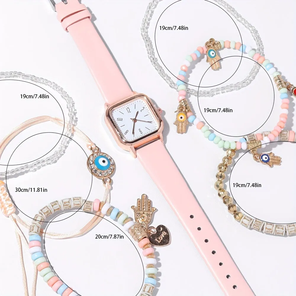 7Pcs Elegant Square Quartz Watch With Bracelet Set
