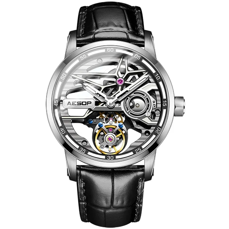 AESOP Mens Full Skeleton Tourbillon Mechanical Sports Waterproof Wrist Watches Luxury Watch for Men Luminous With Diamond Clock
