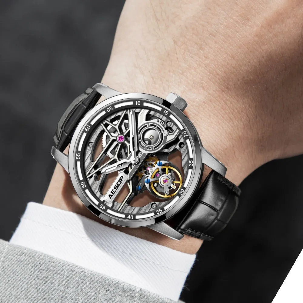 AESOP Mens Full Skeleton Tourbillon Mechanical Sports Waterproof Wrist Watches Luxury Watch for Men Luminous With Diamond Clock