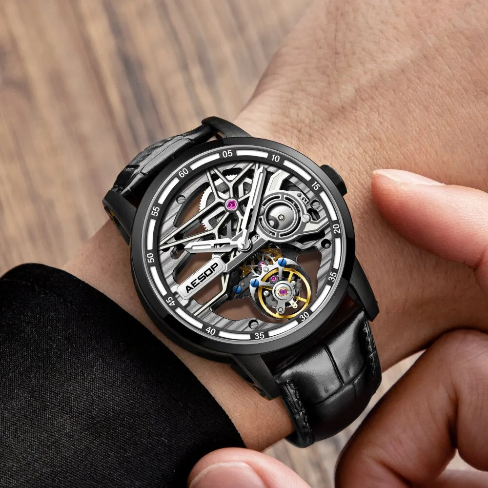 AESOP Mens Full Skeleton Tourbillon Mechanical Sports Waterproof Wrist Watches Luxury Watch for Men Luminous With Diamond Clock