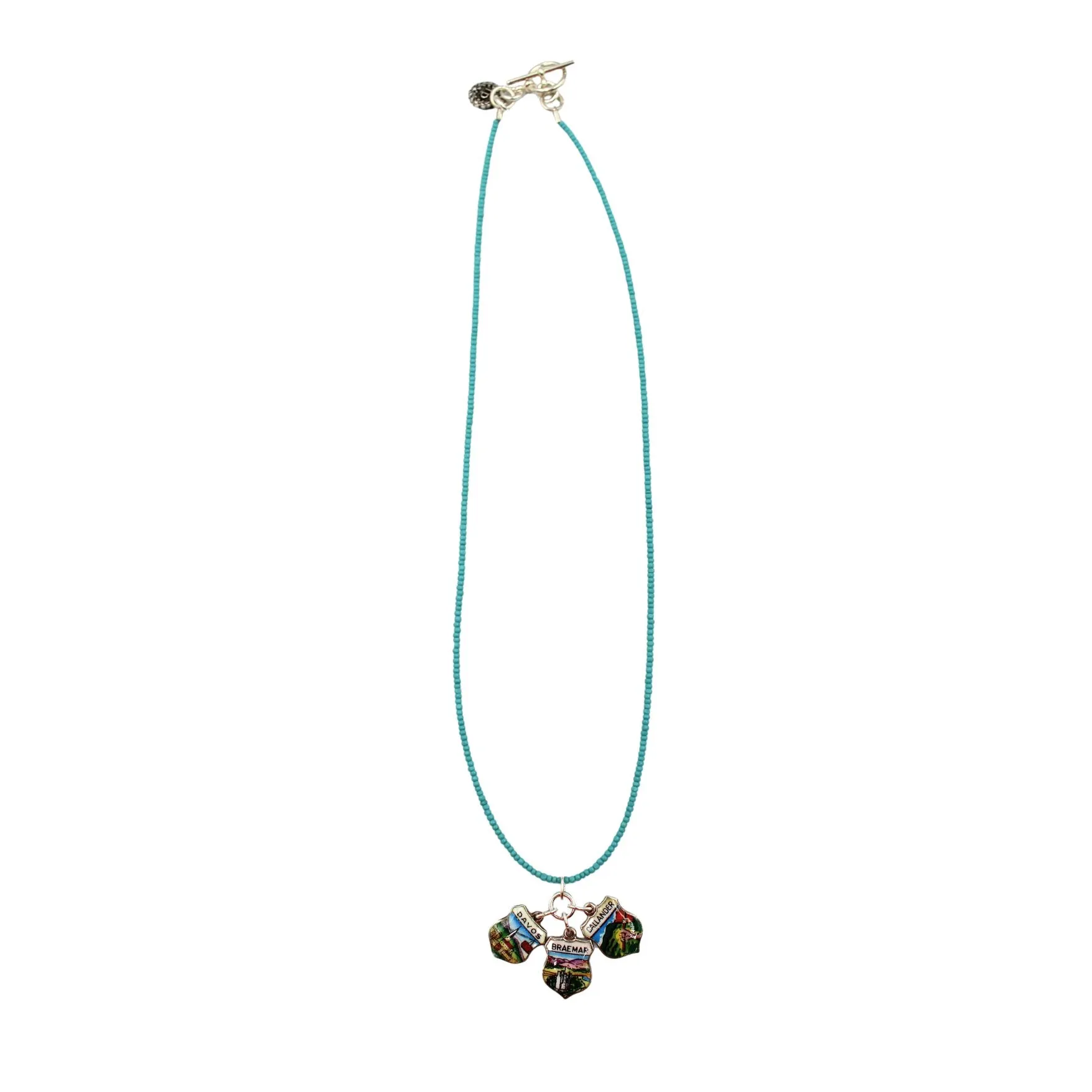Antique Davos, Callander, and Braemar Enameled Silver Shields on a Turquoise Necklace