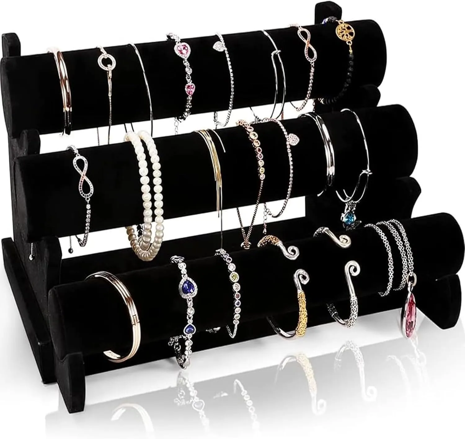Barelove Velvet Bracelet Holder with 3 Tier Rack, Black T-Bar Storage Organizer Detachable Display Stand for Necklace Watch Bangles Bracelets Scrunchies Organization Showcase