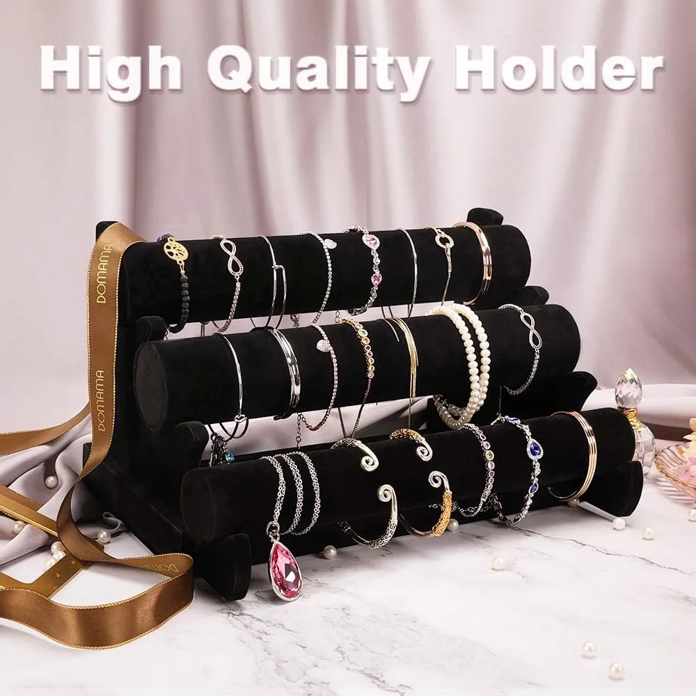 Barelove Velvet Bracelet Holder with 3 Tier Rack, Black T-Bar Storage Organizer Detachable Display Stand for Necklace Watch Bangles Bracelets Scrunchies Organization Showcase