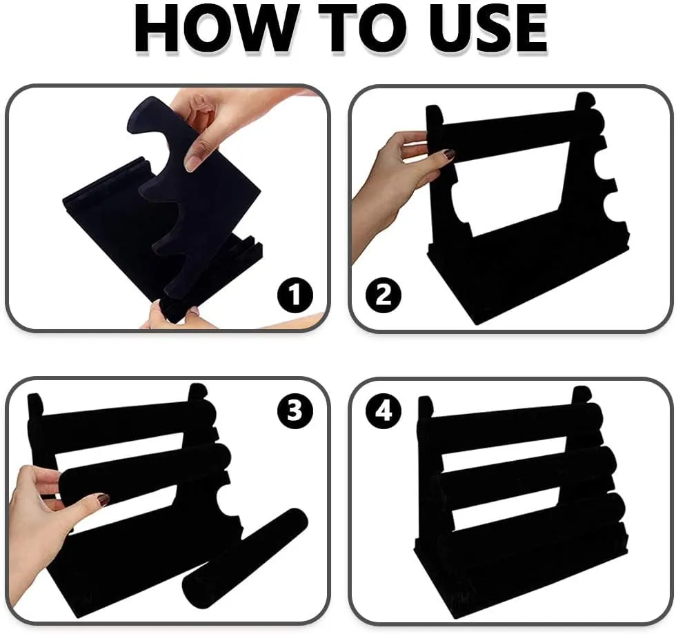 Barelove Velvet Bracelet Holder with 3 Tier Rack, Black T-Bar Storage Organizer Detachable Display Stand for Necklace Watch Bangles Bracelets Scrunchies Organization Showcase