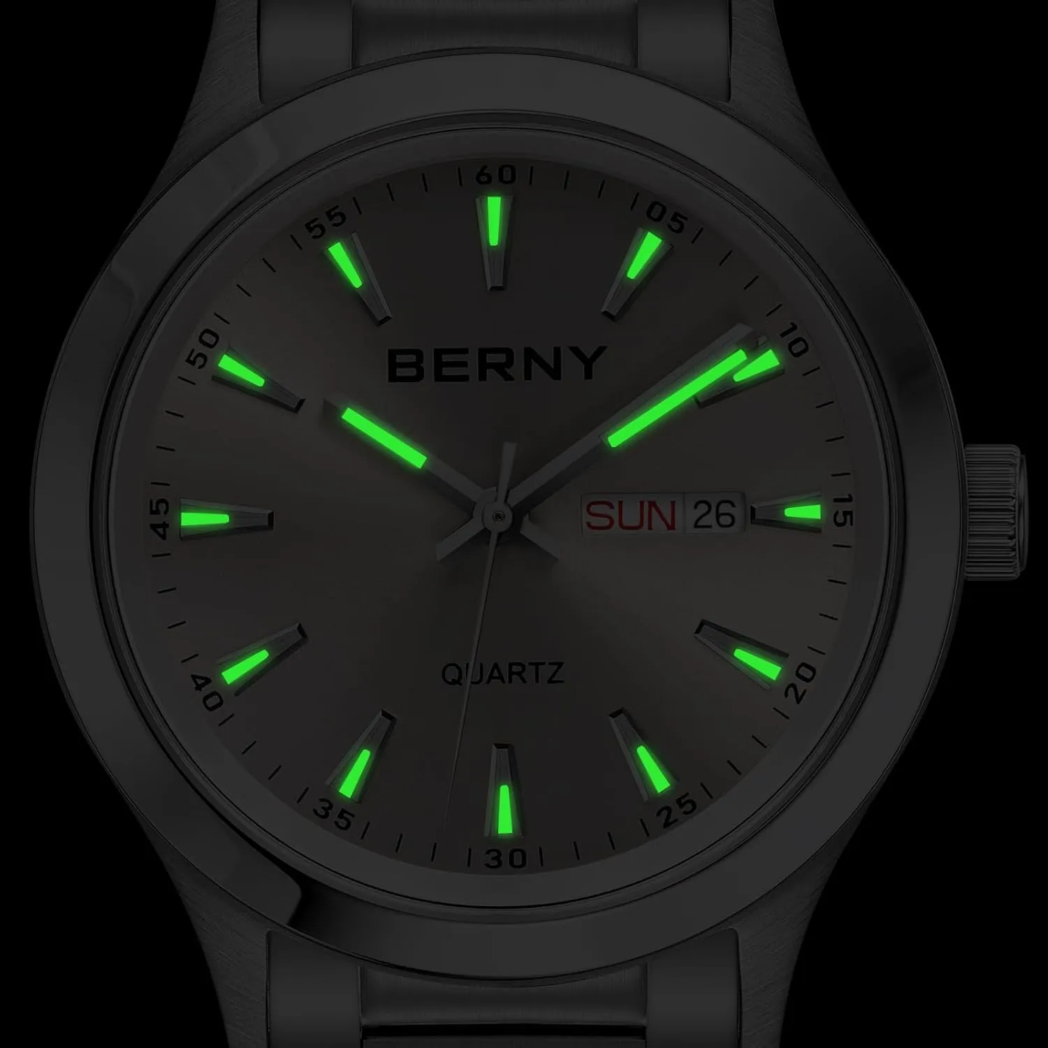 BERNY Mens Solid Stainless Steel Quartz Dress Watch Waterproof Sports Watches for Men Luminous Silver-Tone Wristwatches