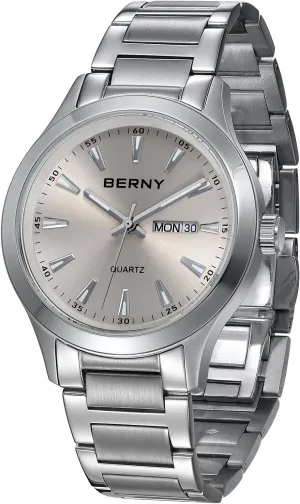 BERNY Mens Solid Stainless Steel Quartz Dress Watch Waterproof Sports Watches for Men Luminous Silver-Tone Wristwatches