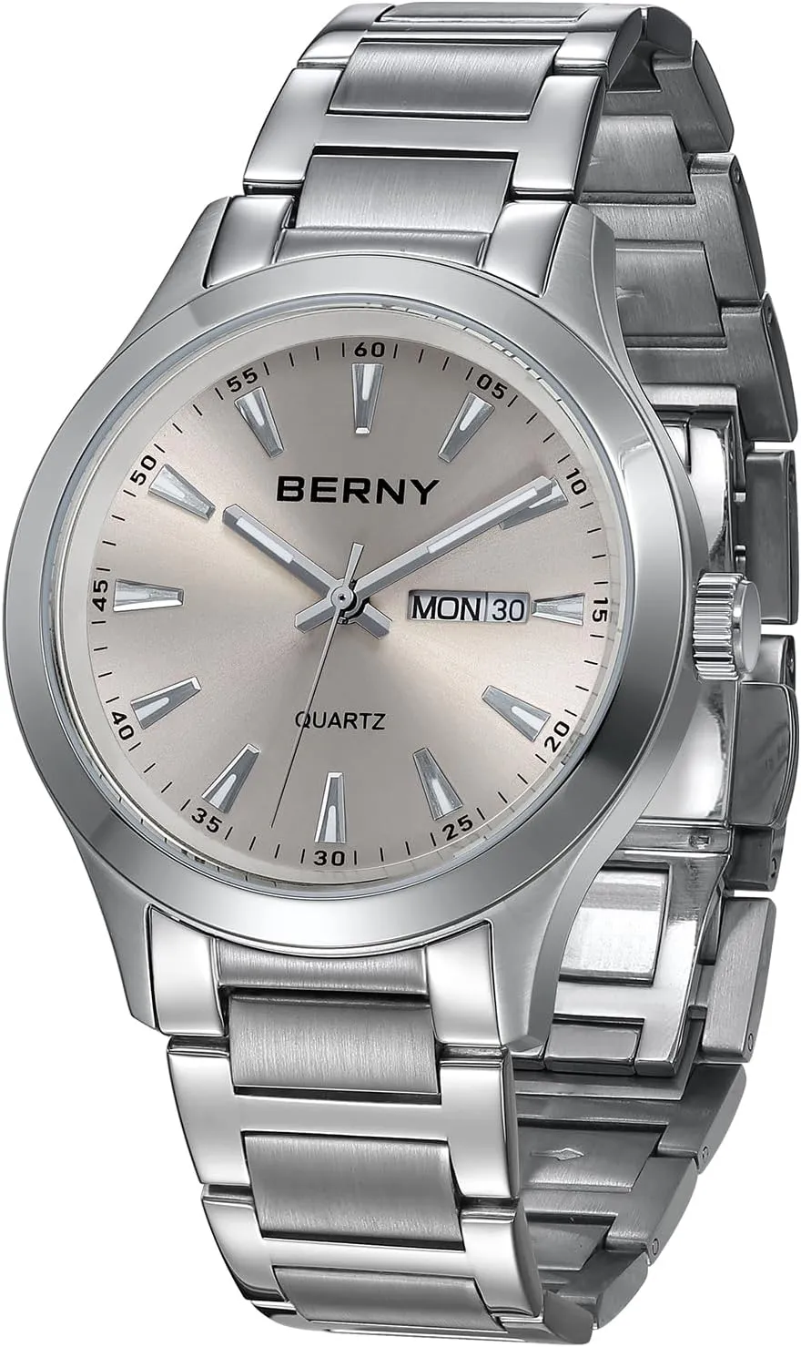BERNY Mens Solid Stainless Steel Quartz Dress Watch Waterproof Sports Watches for Men Luminous Silver-Tone Wristwatches