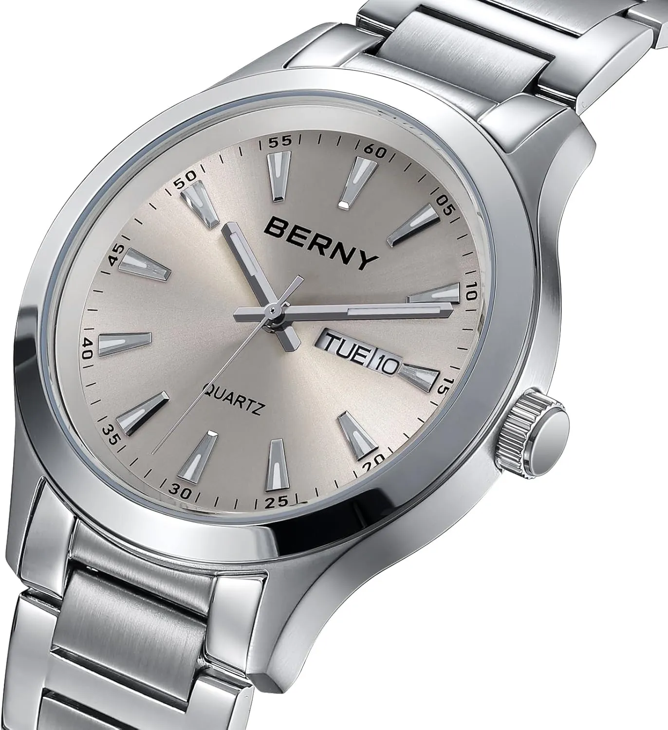 BERNY Mens Solid Stainless Steel Quartz Dress Watch Waterproof Sports Watches for Men Luminous Silver-Tone Wristwatches
