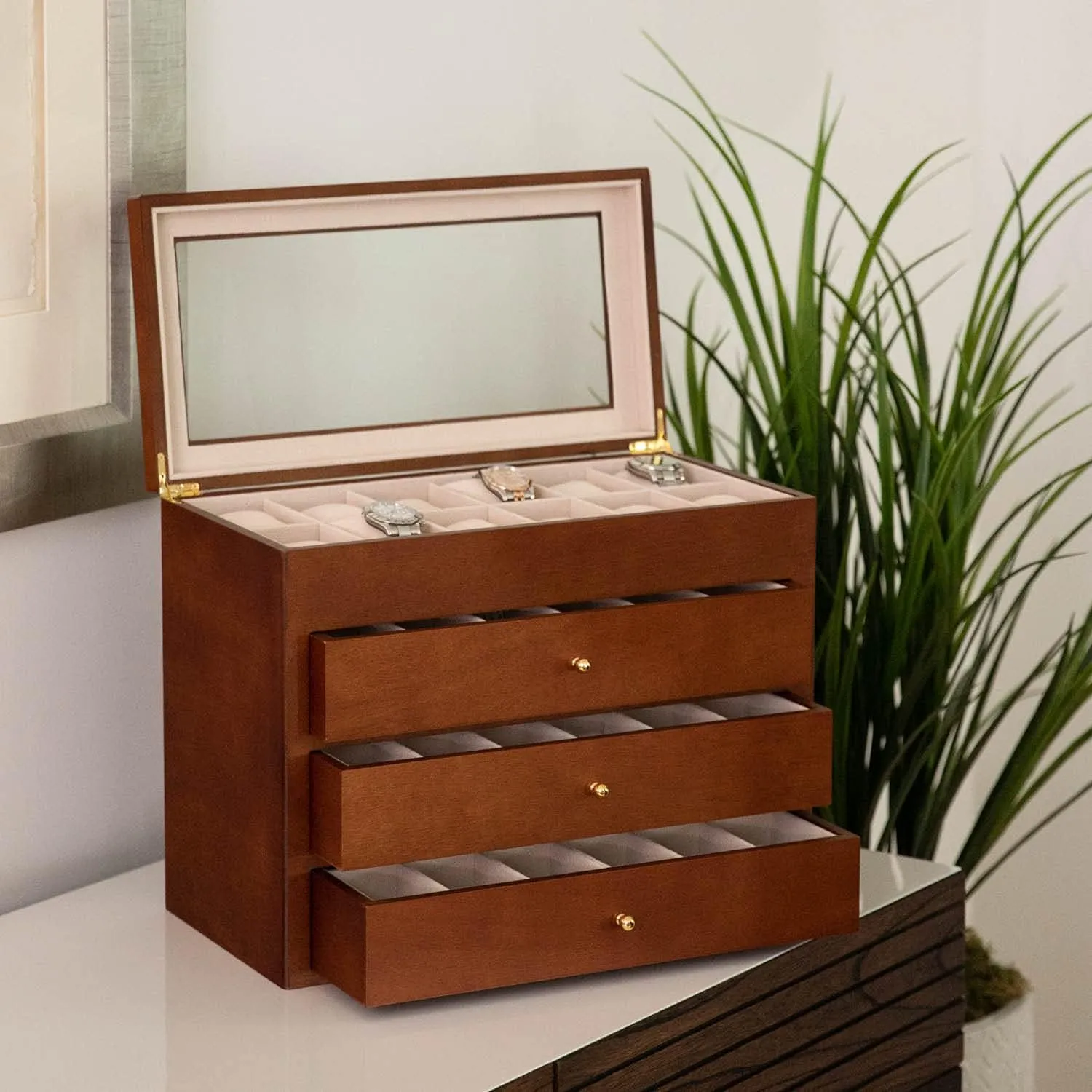 Bey-Berk Custom Personalized 1-48 Slot Watch Box Organizer Solid Wood with Glass Display Top