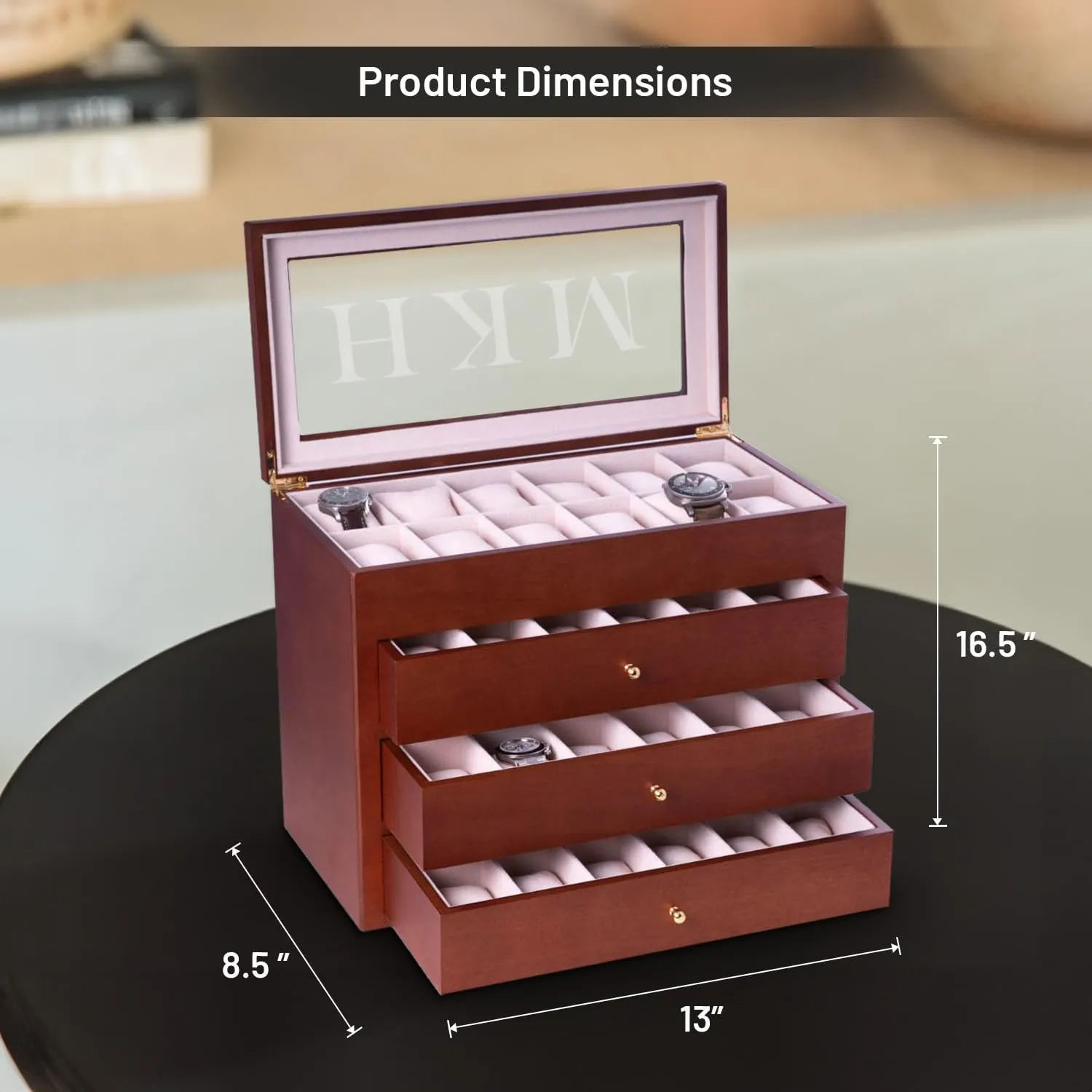 Bey-Berk Custom Personalized 1-48 Slot Watch Box Organizer Solid Wood with Glass Display Top