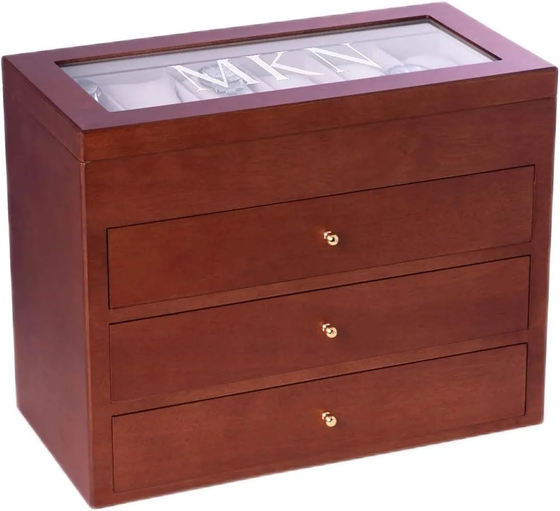 Bey-Berk Custom Personalized 1-48 Slot Watch Box Organizer Solid Wood with Glass Display Top