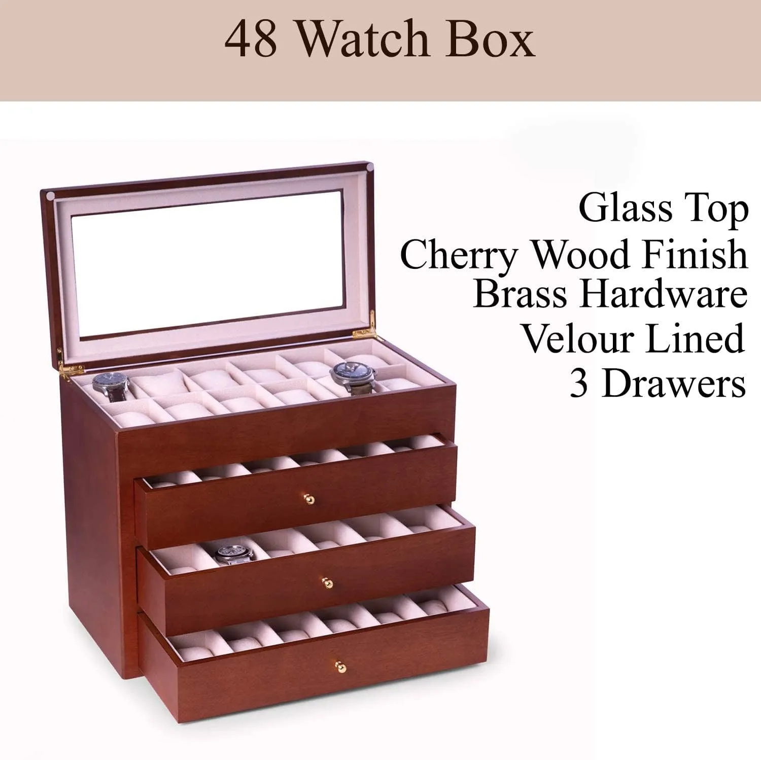 Bey-Berk Custom Personalized 1-48 Slot Watch Box Organizer Solid Wood with Glass Display Top