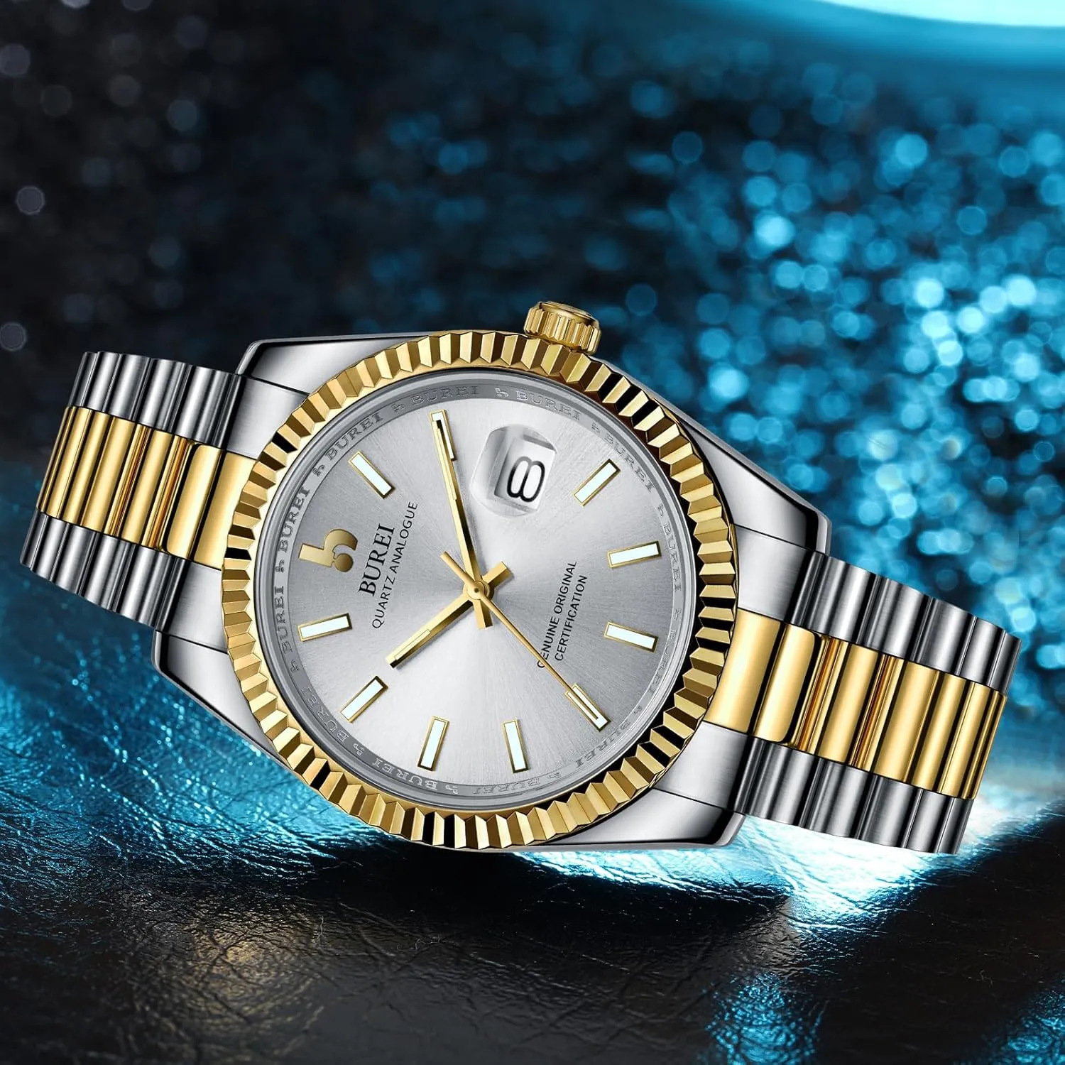 BUREI Mens Watches Luxury Stainless Steel Analog Quartz Waterproof Wristwatch Sapphire Crystal Dial with Calendar Display,Gift for Men