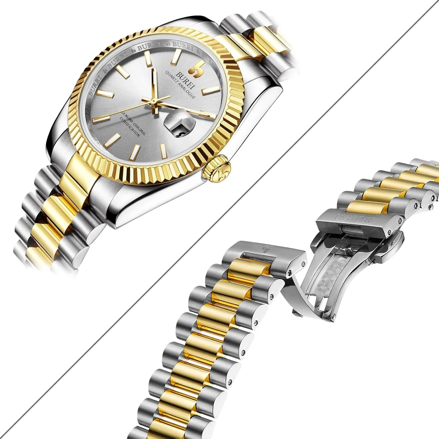 BUREI Mens Watches Luxury Stainless Steel Analog Quartz Waterproof Wristwatch Sapphire Crystal Dial with Calendar Display,Gift for Men