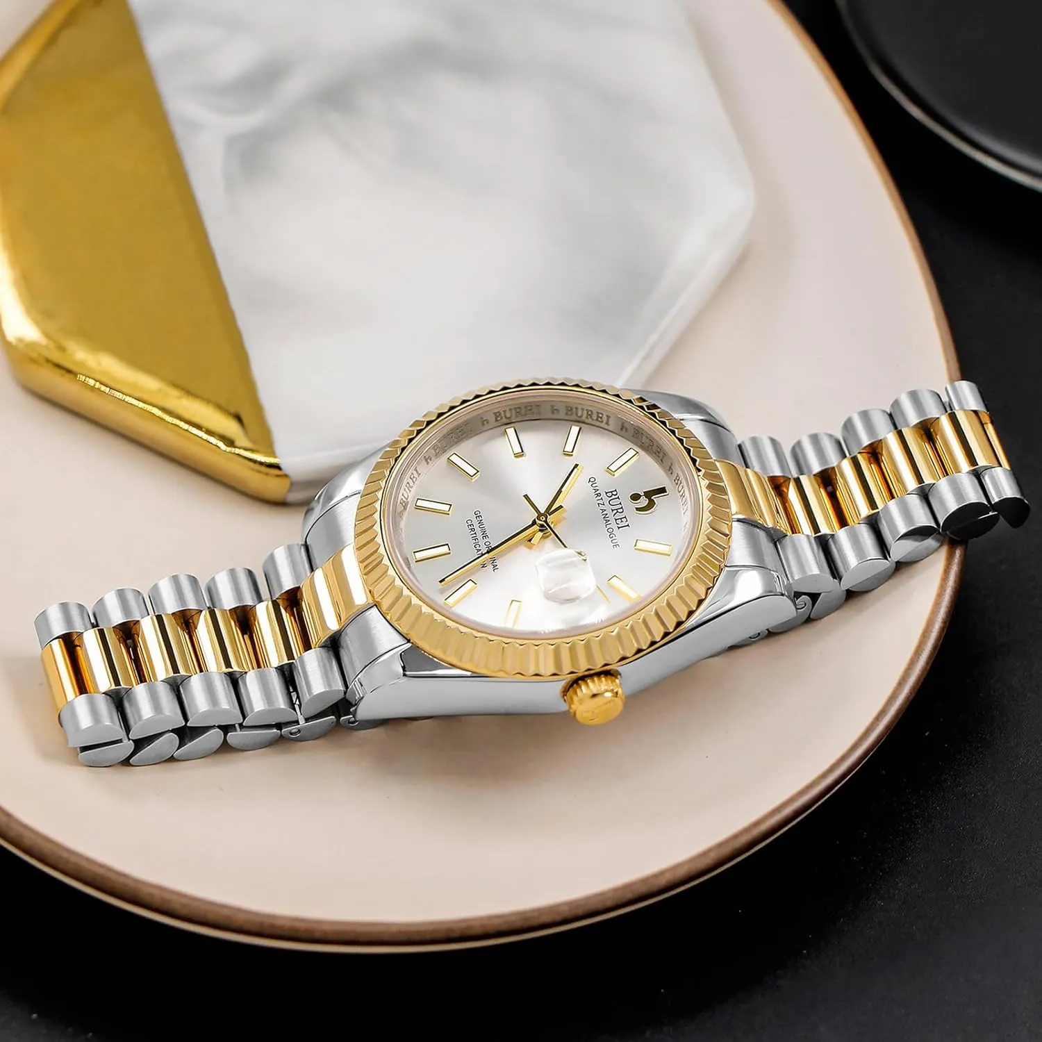 BUREI Mens Watches Luxury Stainless Steel Analog Quartz Waterproof Wristwatch Sapphire Crystal Dial with Calendar Display,Gift for Men
