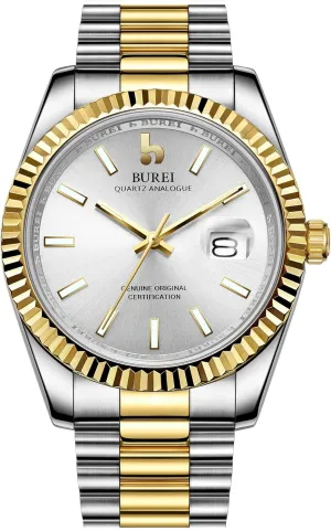 BUREI Mens Watches Luxury Stainless Steel Analog Quartz Waterproof Wristwatch Sapphire Crystal Dial with Calendar Display,Gift for Men