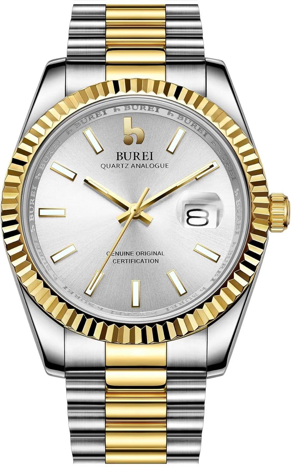 BUREI Mens Watches Luxury Stainless Steel Analog Quartz Waterproof Wristwatch Sapphire Crystal Dial with Calendar Display,Gift for Men