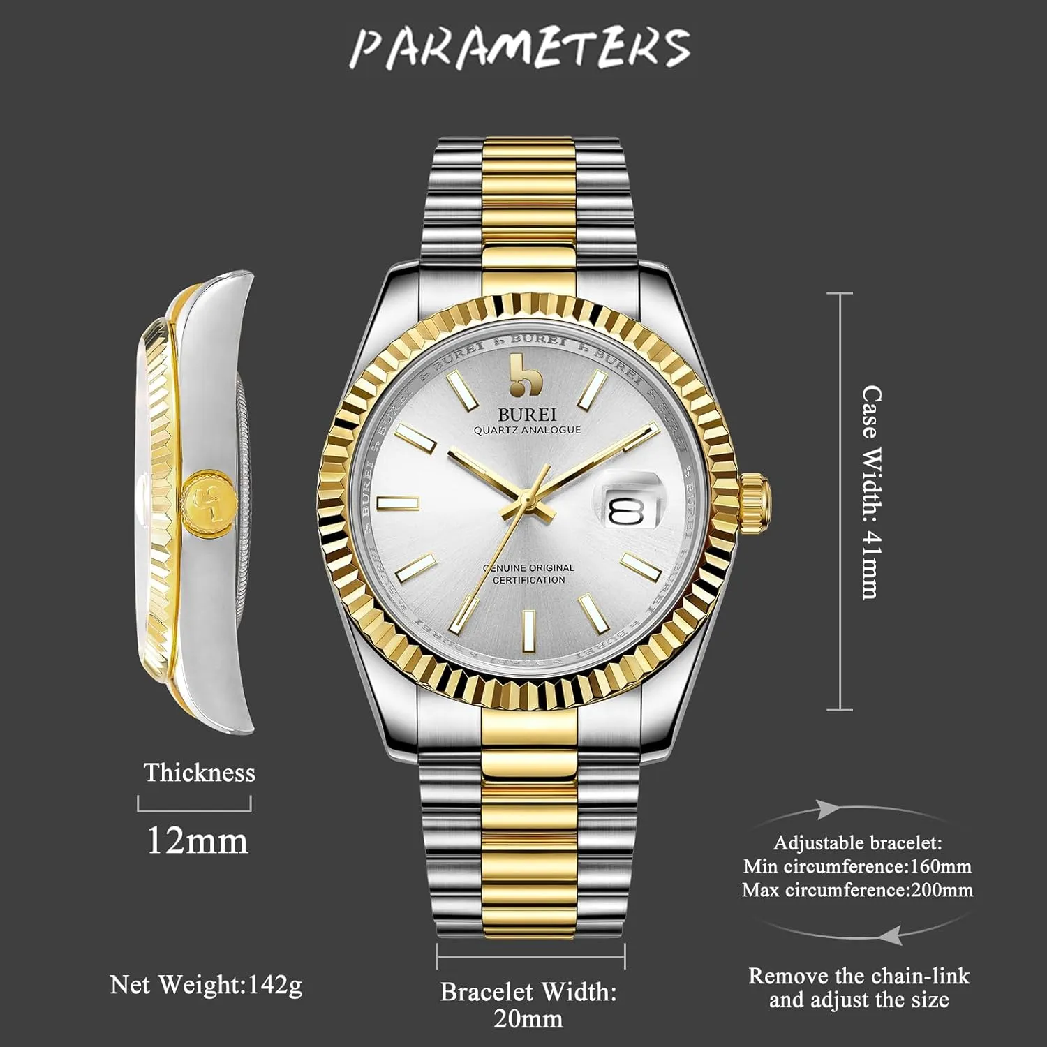 BUREI Mens Watches Luxury Stainless Steel Analog Quartz Waterproof Wristwatch Sapphire Crystal Dial with Calendar Display,Gift for Men