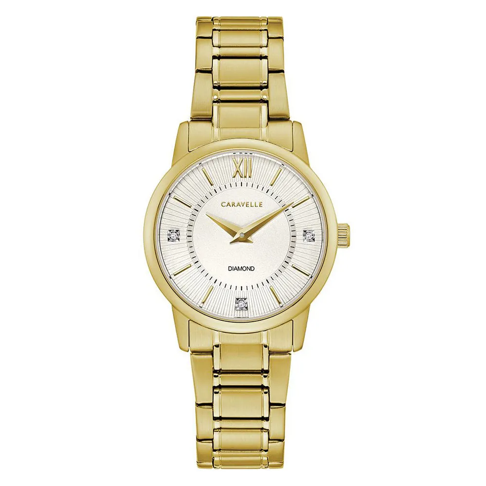 Caravelle Womens Golden Stainless Steel Bracelet Band Silver Quartz Dial Watch - 44P102