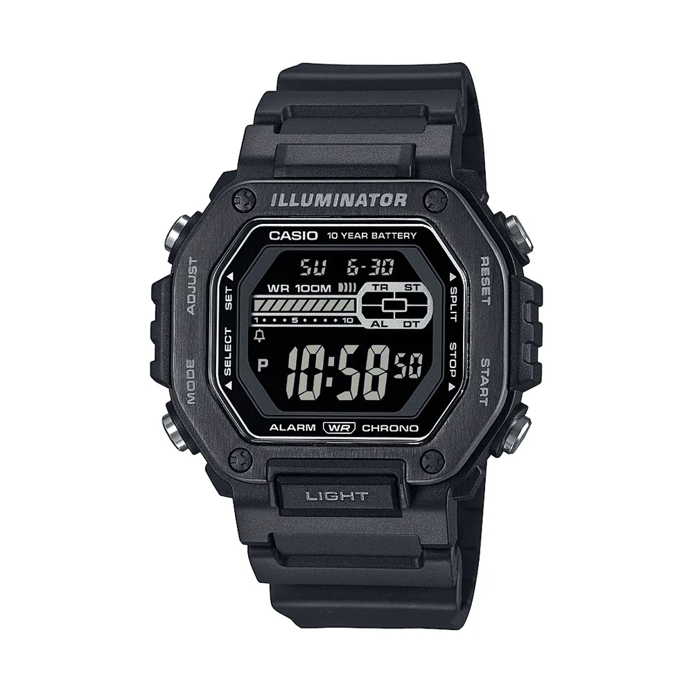 Casio Digital Gents Led Dual Alarm 100M Water Resistant Black Ip Face And Resin Band MWD110HB-1B