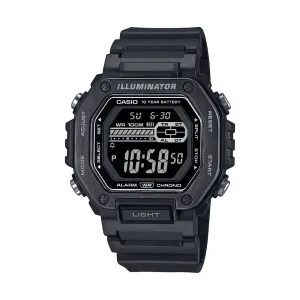 Casio Digital Gents Led Dual Alarm 100M Water Resistant Black Ip Face And Resin Band MWD110HB-1B