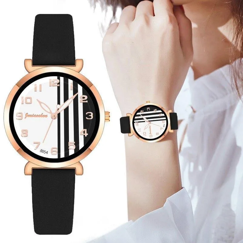 Chic Stripes Dial with Breathable Vegan Leather Strap Quartz Watches