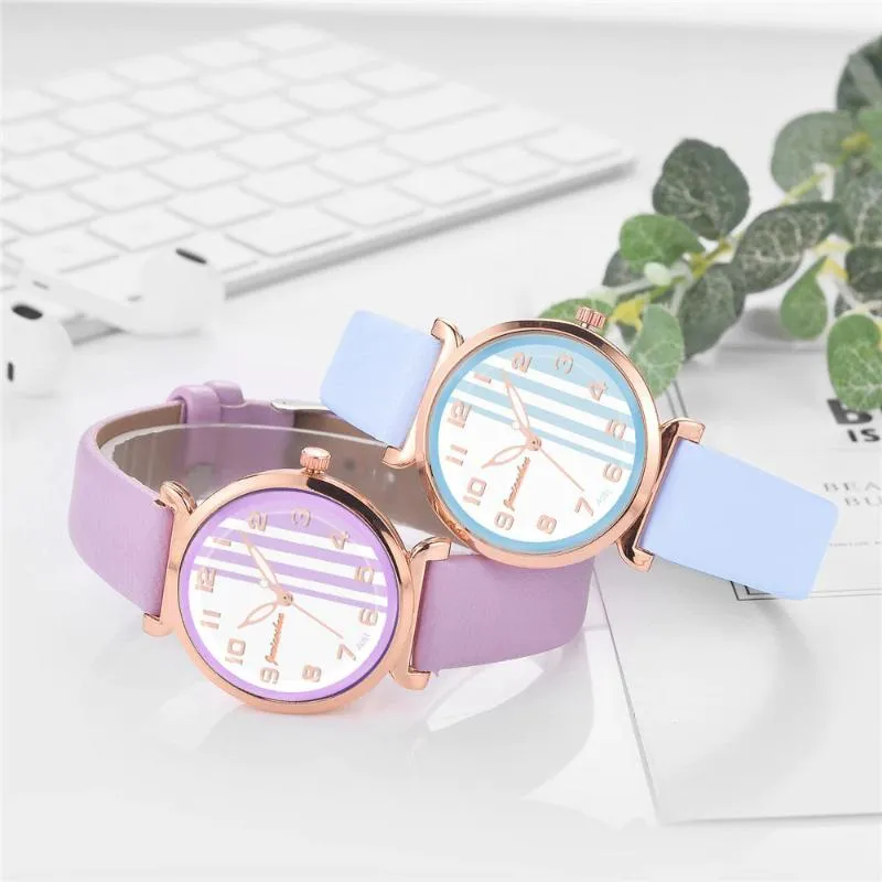 Chic Stripes Dial with Breathable Vegan Leather Strap Quartz Watches