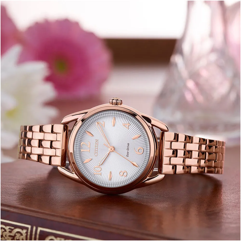 Citizen Eco-Drive Women's Pink Gold-Tone Bracelet Silver Dial Analog Drive Watch - FE1213-50A