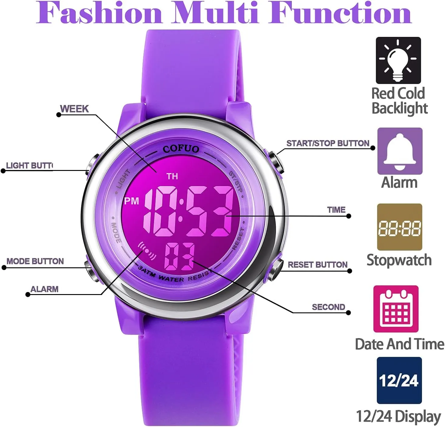 cofuo Kids Digital Sport Waterproof Watch for Girls Boys, Kid Sports Outdoor LED Electrical Watches with Luminous Alarm Stopwatch Child Wristwatch