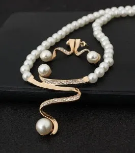 Crystal Pearl Necklace Earrings Bride Jewelry Set
