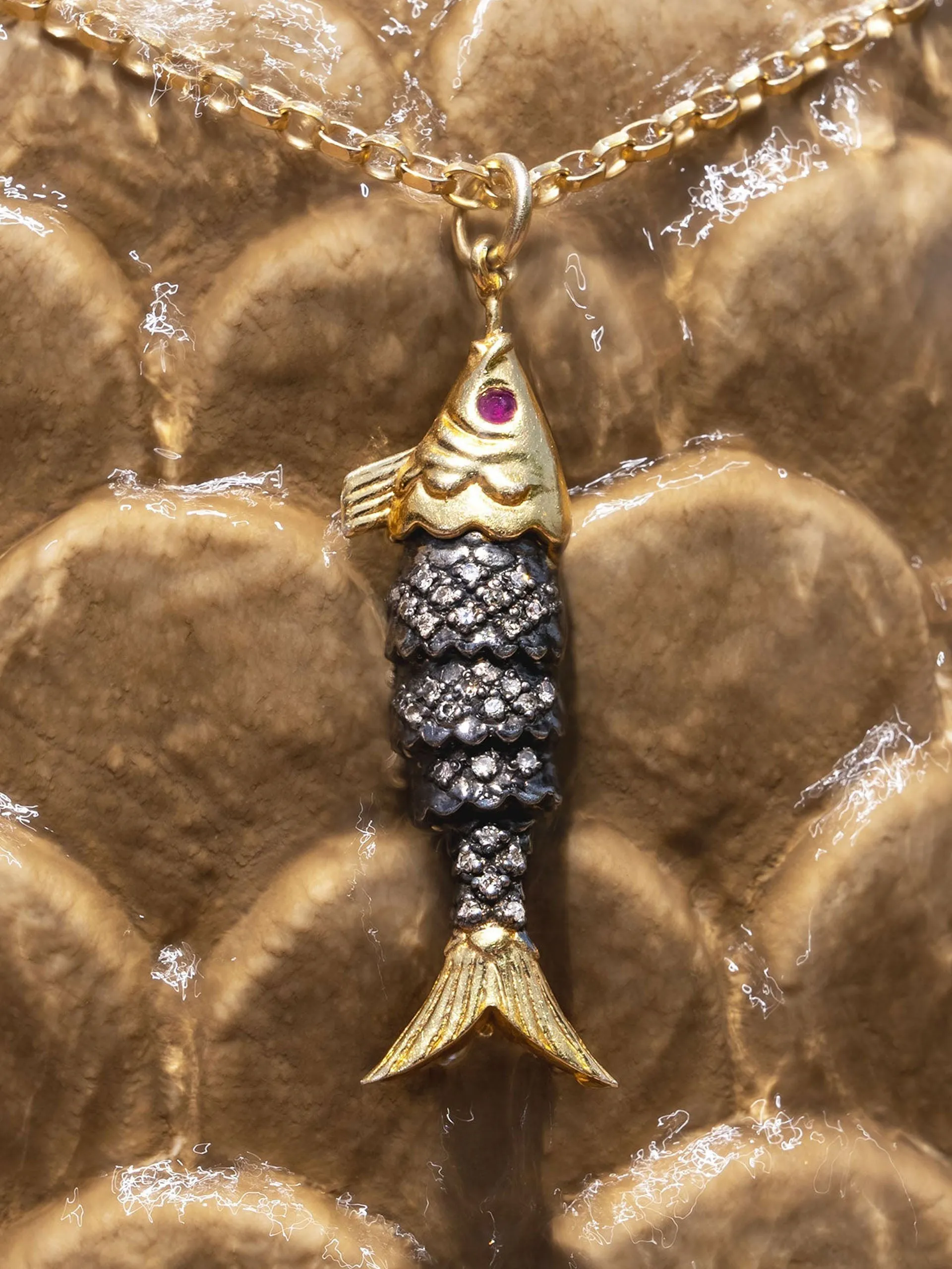 Diamond and ruby fish necklace
