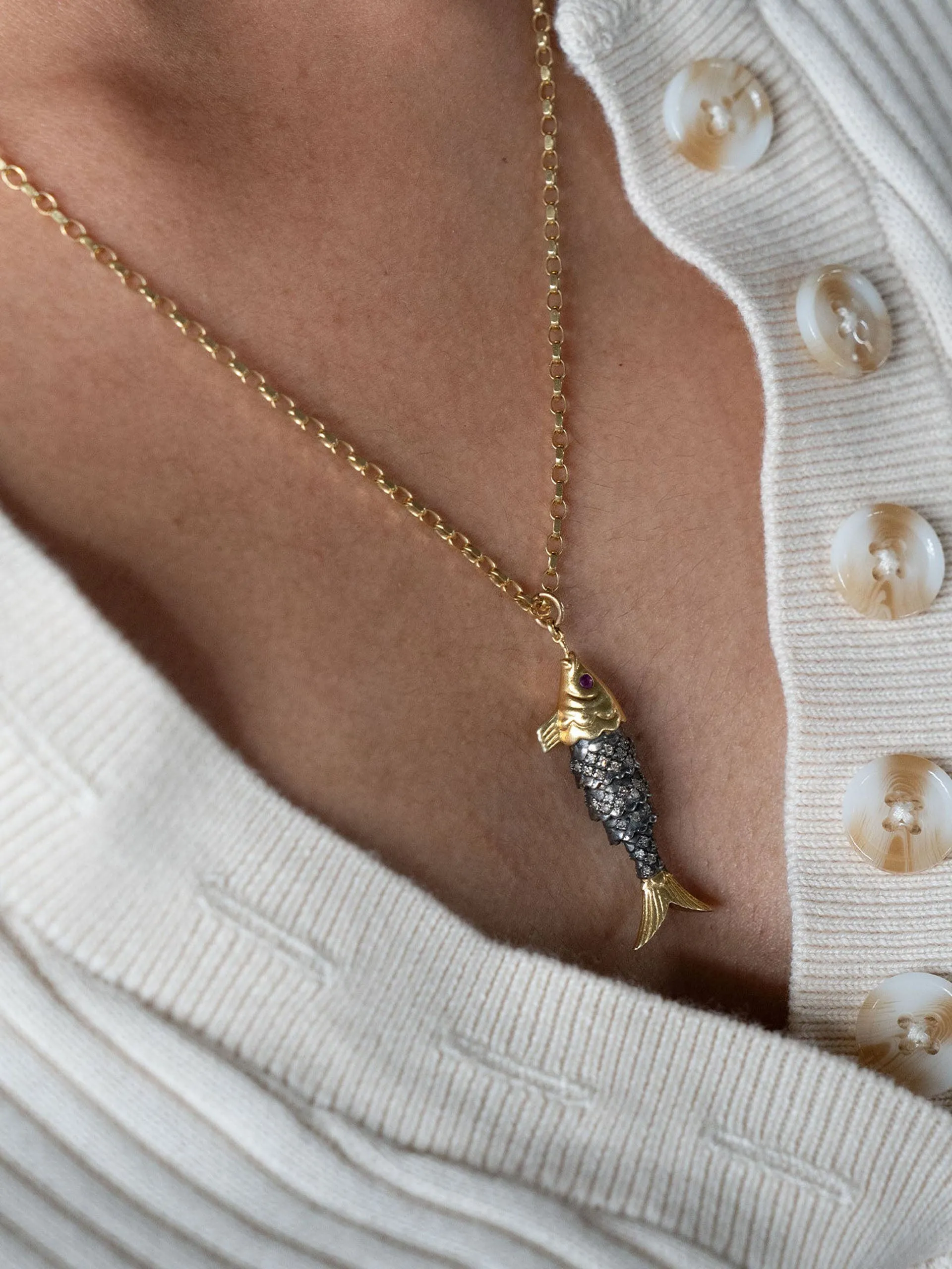 Diamond and ruby fish necklace