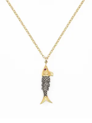 Diamond and ruby fish necklace