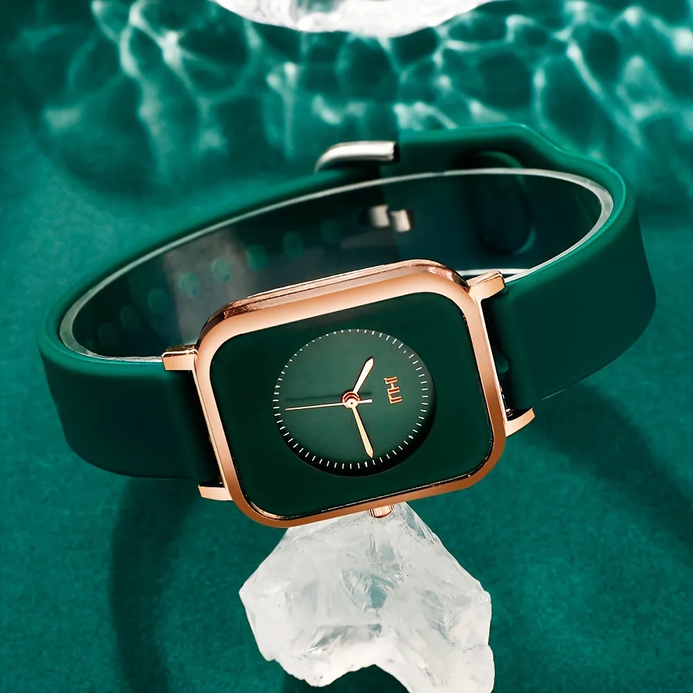 Elegant Womens Square Quartz Watch with Silicone Strap