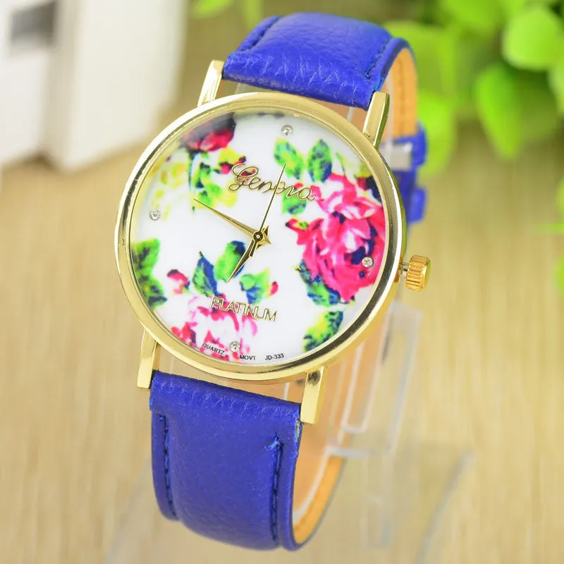 Fashion Leather GENEVA Rose gold Flower Watch Women Dress Watch Quartz Watches