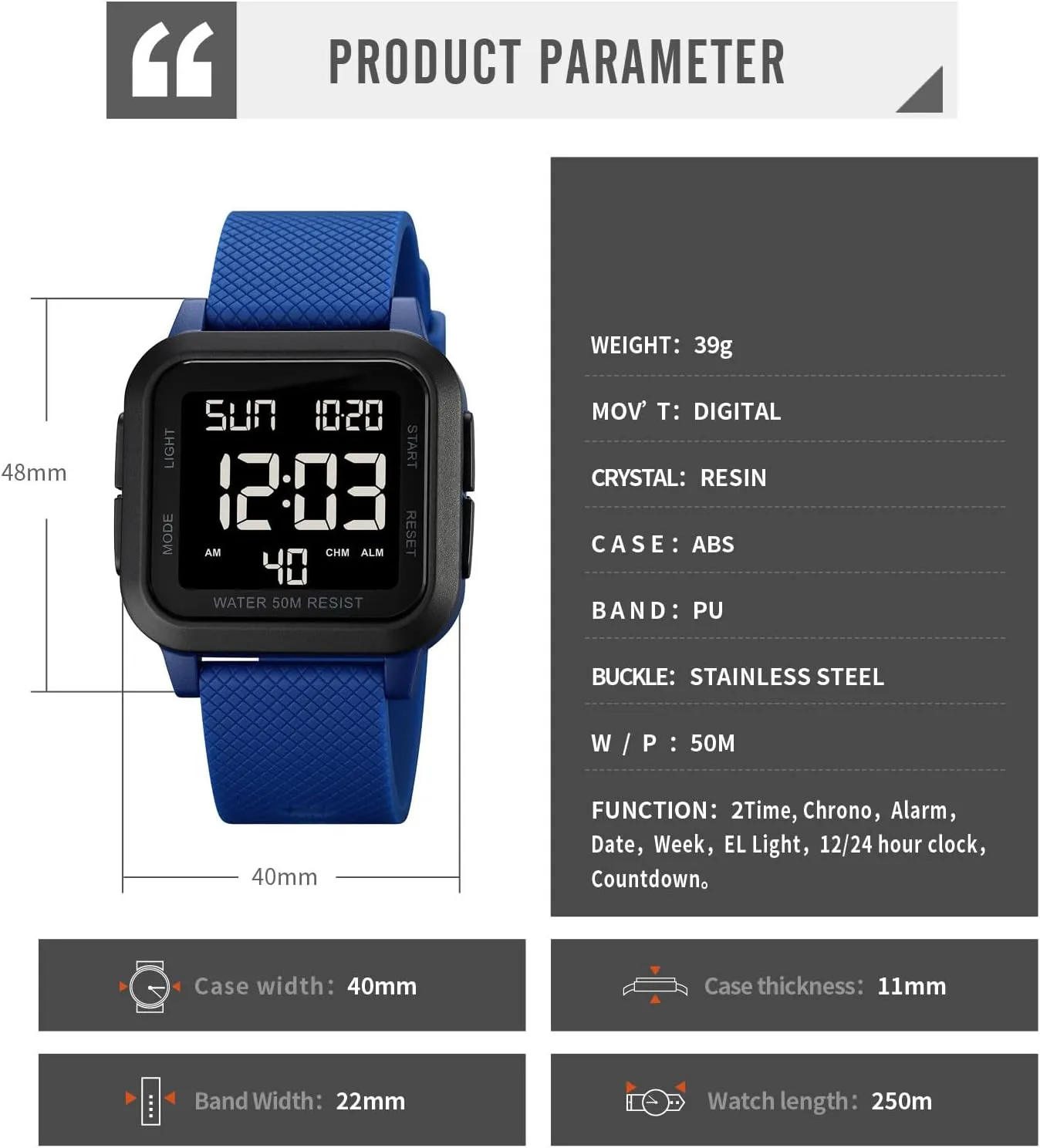 findtime Unisex Digital Watch Men Women Square Face Big Numbers LED Electronic Wrist Watches Waterproof/Alarm/Countdown Timer/Dual Time/Stopwatch/12/24H