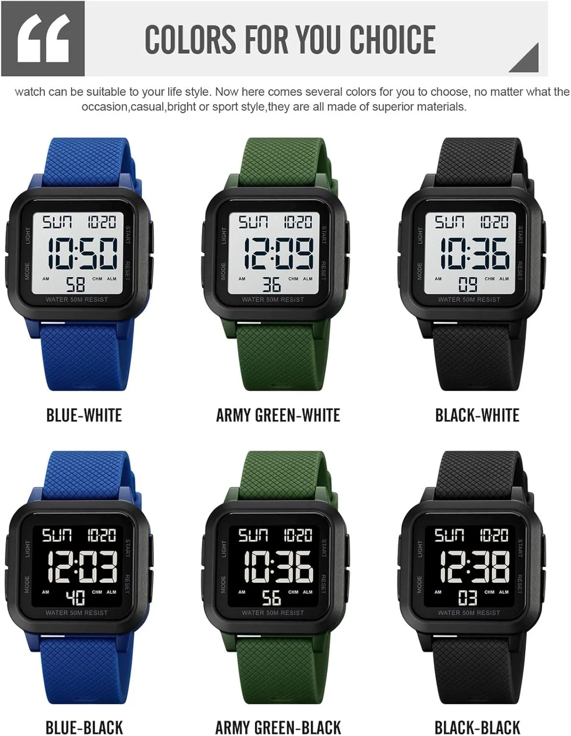 findtime Unisex Digital Watch Men Women Square Face Big Numbers LED Electronic Wrist Watches Waterproof/Alarm/Countdown Timer/Dual Time/Stopwatch/12/24H