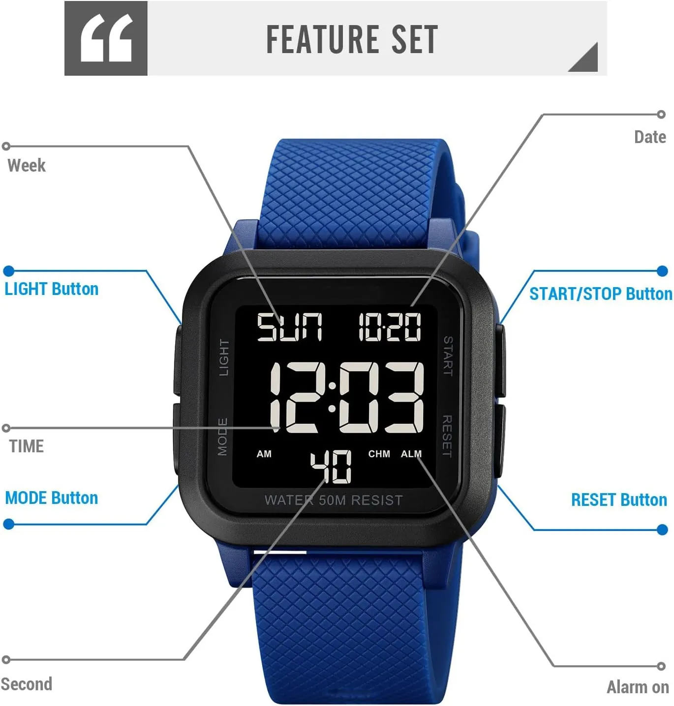 findtime Unisex Digital Watch Men Women Square Face Big Numbers LED Electronic Wrist Watches Waterproof/Alarm/Countdown Timer/Dual Time/Stopwatch/12/24H