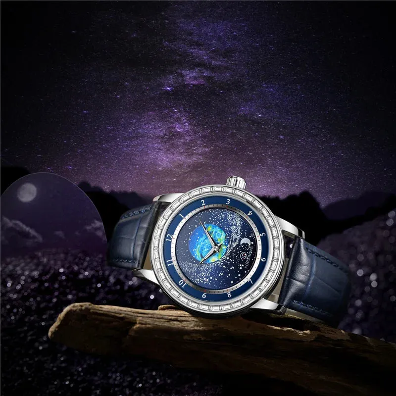 Forsining 432E New Original Automatic Mechanical Watch For Men Luxury Diamond Rotational Starry Sky Moon Phase Wristwatch