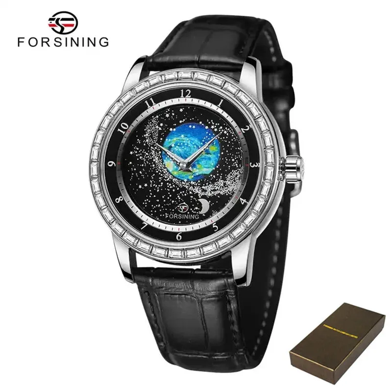 Forsining 432E New Original Automatic Mechanical Watch For Men Luxury Diamond Rotational Starry Sky Moon Phase Wristwatch