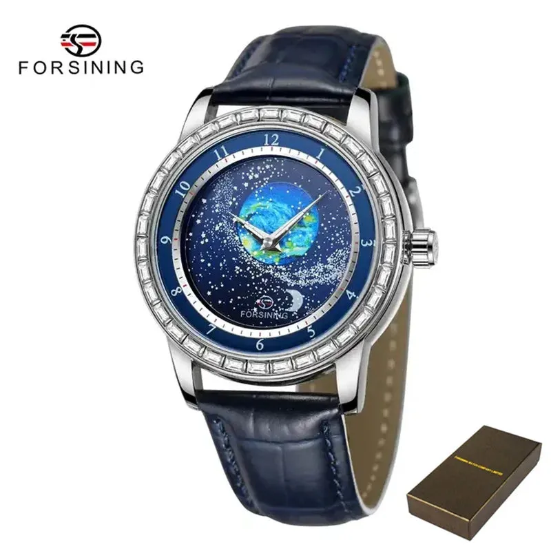 Forsining 432E New Original Automatic Mechanical Watch For Men Luxury Diamond Rotational Starry Sky Moon Phase Wristwatch