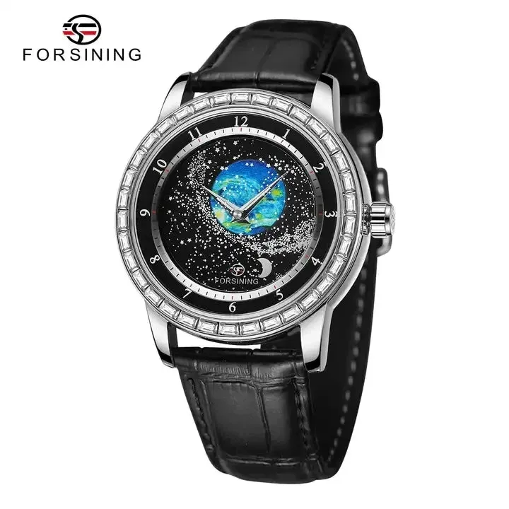 Forsining 432E New Original Automatic Mechanical Watch For Men Luxury Diamond Rotational Starry Sky Moon Phase Wristwatch