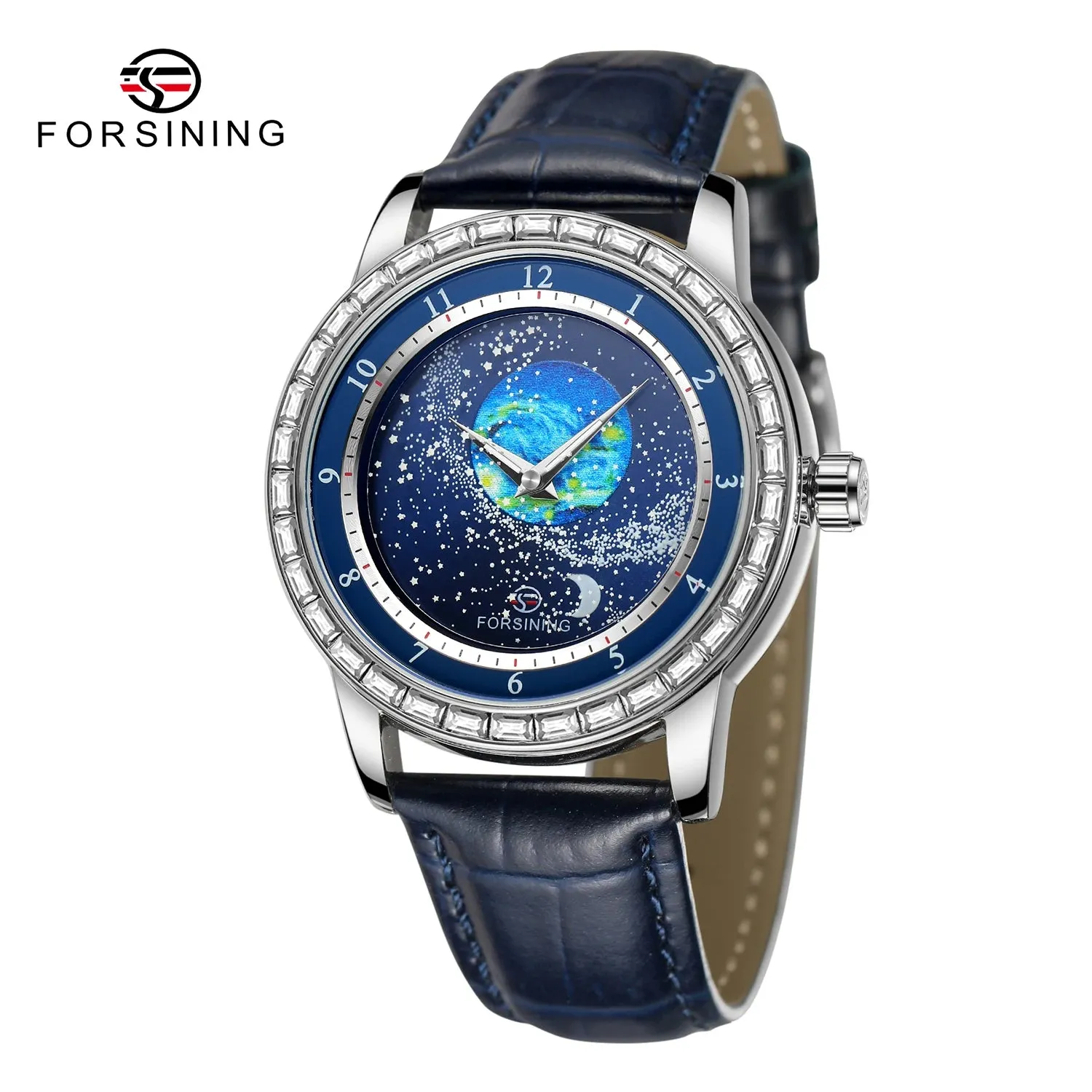 Forsining 432E New Original Automatic Mechanical Watch For Men Luxury Diamond Rotational Starry Sky Moon Phase Wristwatch