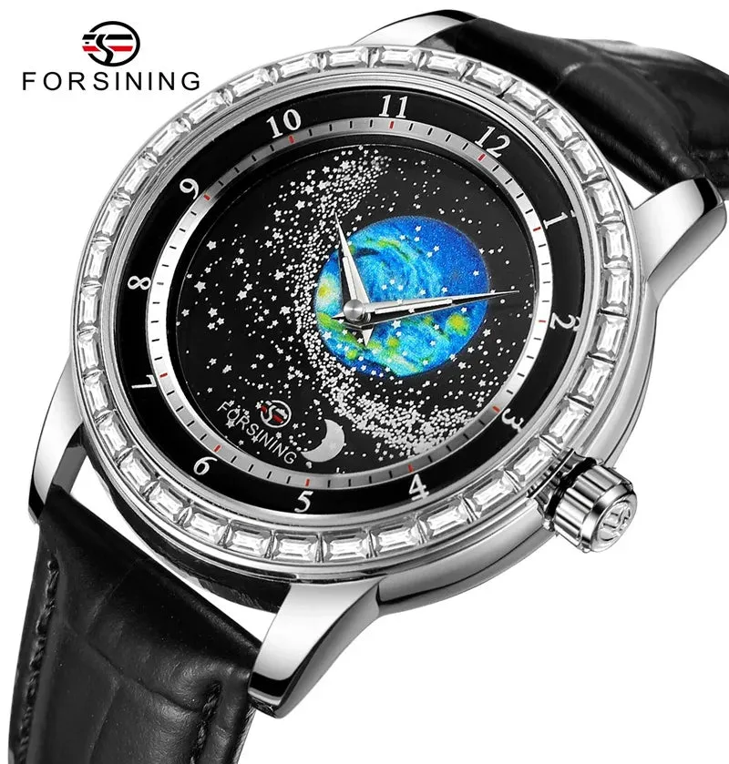 Forsining 432E New Original Automatic Mechanical Watch For Men Luxury Diamond Rotational Starry Sky Moon Phase Wristwatch