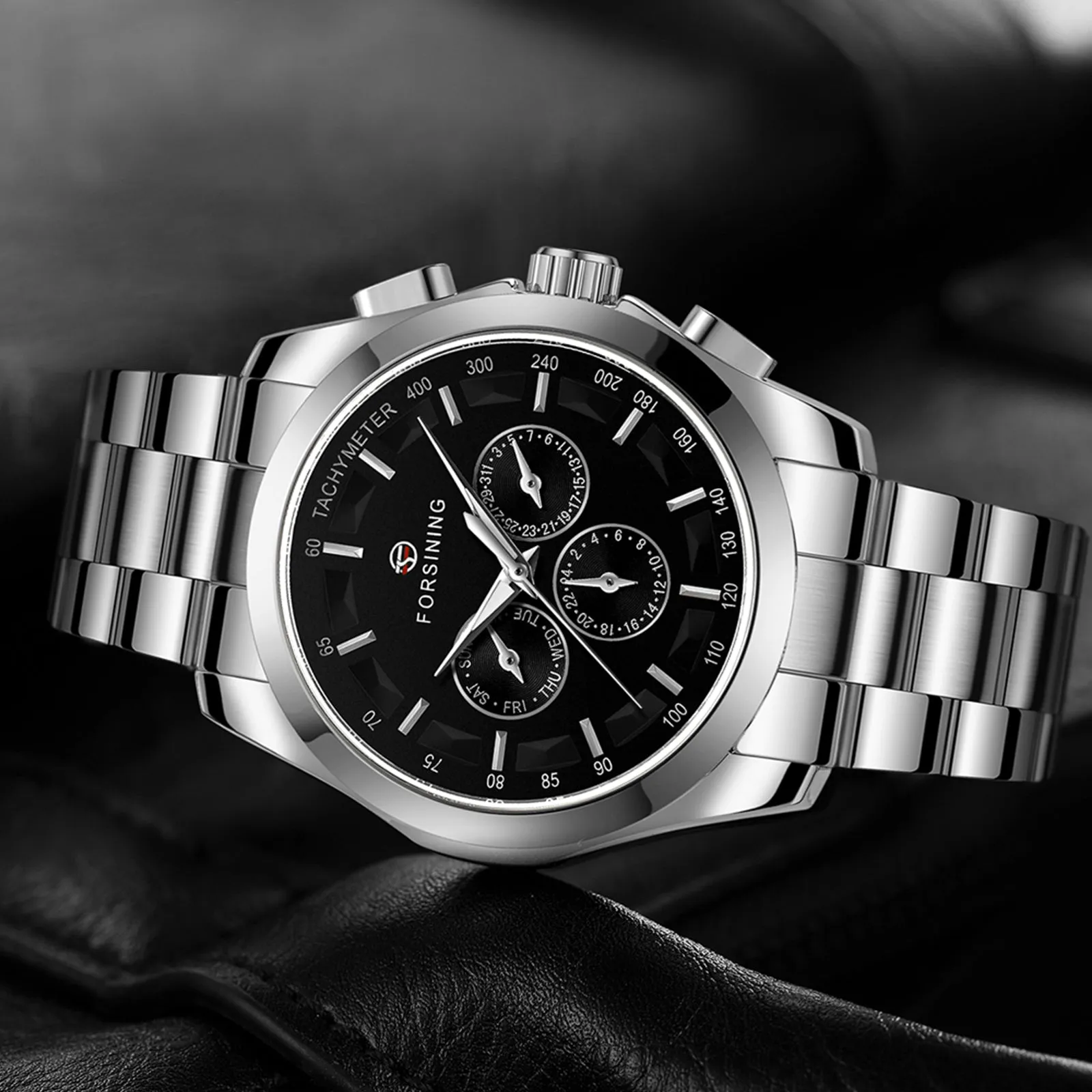 Forsining Fashion Sports Mens Automatic Mechanical Watches Date Display Steel Strap A625